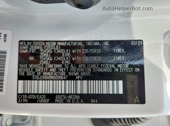5TDJZRBH9MS099647 2021 TOYOTA HIGHLANDER White VIN კოდის სტიკერის ხედი