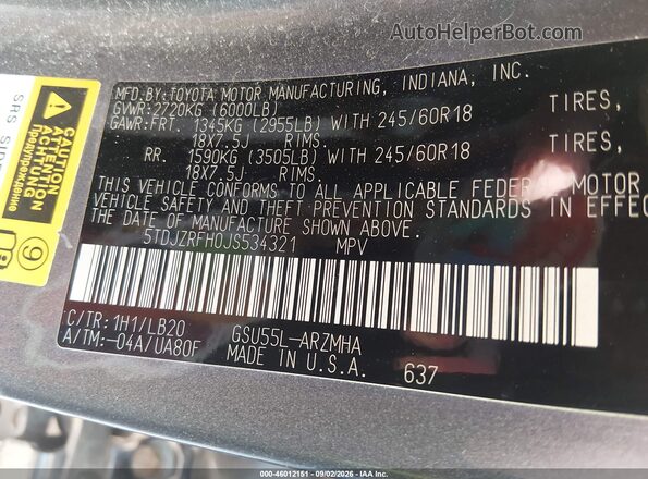 5TDJZRFH0JS534321 2018 TOYOTA HIGHLANDER Gray Շարժիչի բաժամունքի տեսք