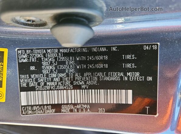 5TDJZRFH2JS864526 2018 TOYOTA HIGHLANDER Gray Vista interior de 360 grados