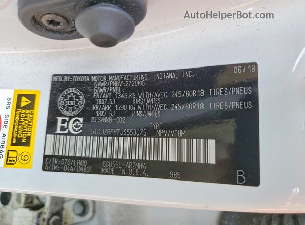 5TDJZRFH7JS553075 2018 TOYOTA HIGHLANDER White Vista interior de 360 grados
