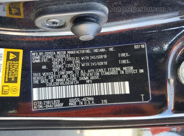 5TDJZRFH9JS838134 2018 TOYOTA HIGHLANDER Черный Панорамный вид салона 360°
