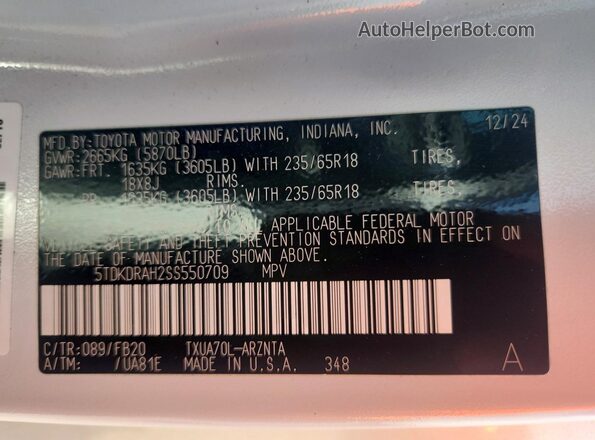 5TDKDRAH2SS550709 2025 TOYOTA HIGHLANDER White Widok naklejki z numerem VIN