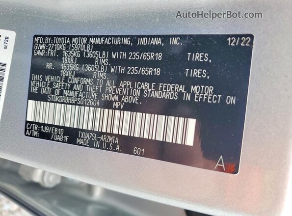5TDKDRBH8PS012604 2023 TOYOTA HIGHLANDER Silver Вид наклейки з VIN-кодом