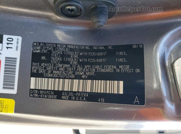 5TDKK3DC7GS752486 2016 TOYOTA SIENNA Gray 360 interior view