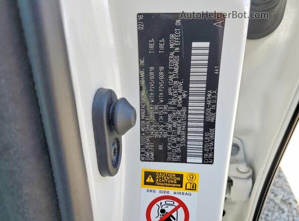 5TDKKRFH4GS139480 2016 TOYOTA HIGHLANDER White VIN կոդի պիտակի տեսք