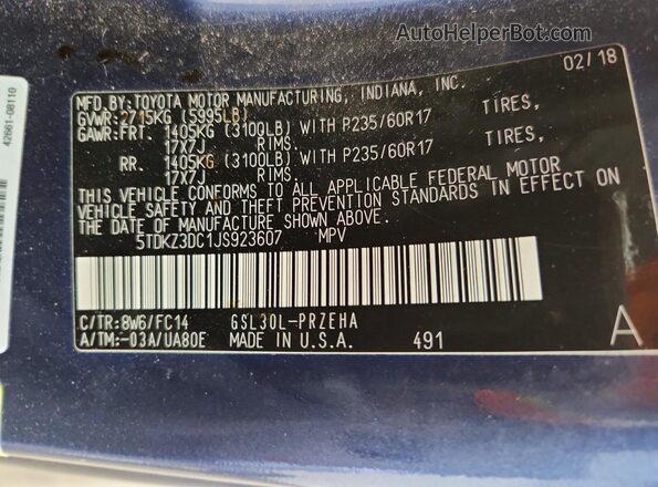 5TDKZ3DC1JS923607 2018 TOYOTA SIENNA Синий Вид наклейки с VIN-кодом
