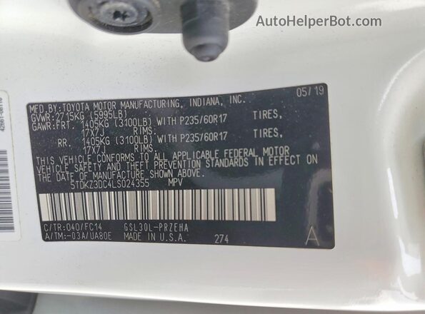 5TDKZ3DC4LS024355 2020 TOYOTA SIENNA White Սալոնի 360 աստիճան տեսք