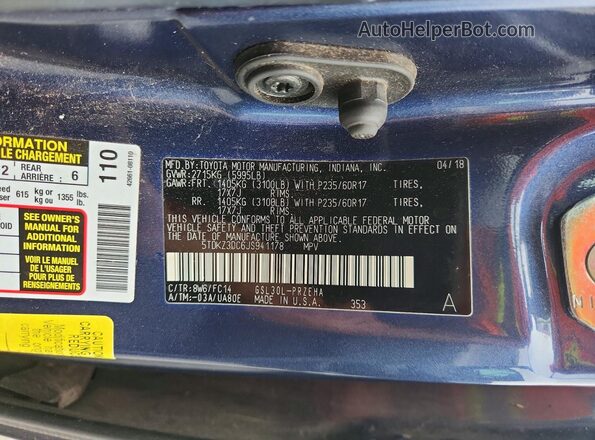 5TDKZ3DC6JS941178 2018 TOYOTA SIENNA Blue სალონის 360-გრადუსიანი ხედი
