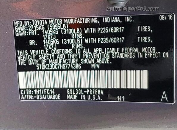 5TDKZ3DC7HS774386 2017 TOYOTA SIENNA Белый Вид наклейки с VIN-кодом