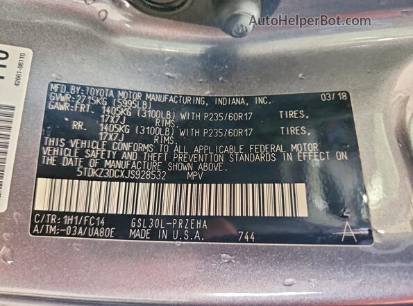 5TDKZ3DCXJS928532 2018 TOYOTA SIENNA Gray Widok wnętrza 360 stopni