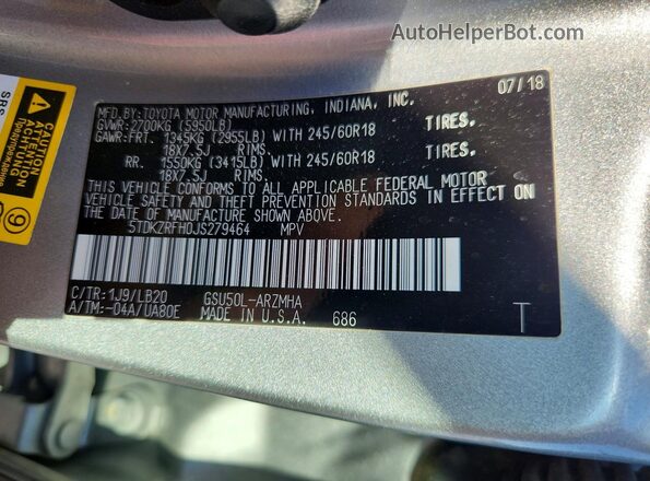 5TDKZRFH0JS279464 2018 TOYOTA HIGHLANDER Silver Widok naklejki z numerem VIN
