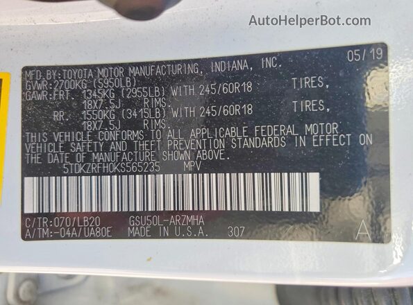 5TDKZRFH0KS565235 2019 TOYOTA HIGHLANDER White 360 interior view