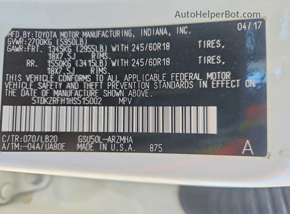 5TDKZRFH1HS515002 2017 TOYOTA HIGHLANDER White Widok naklejki z numerem VIN