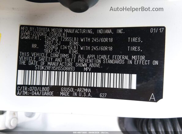 5TDKZRFH5HS508893 2017 TOYOTA HIGHLANDER White Вид підкапотного простору