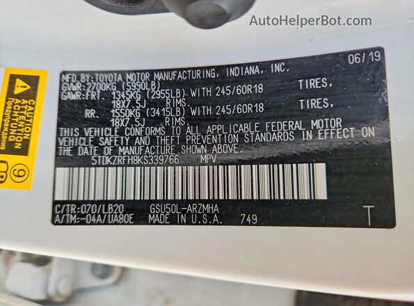 5TDKZRFH8KS339766 2019 TOYOTA HIGHLANDER White Widok naklejki z numerem VIN