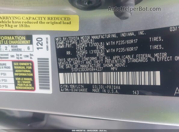 5TDYZ3DC6HS844227 2017 TOYOTA SIENNA Серебряный Вид подкапотного пространства