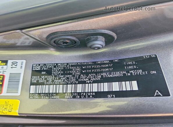5TDYZ3DCXHS797378 2017 TOYOTA SIENNA Серый Вид наклейки с VIN-кодом