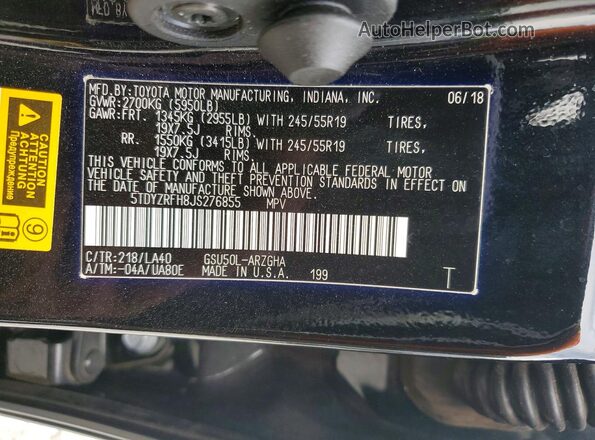 5TDYZRFH8JS276855 2018 TOYOTA HIGHLANDER Black VIN კოდის სტიკერის ხედი