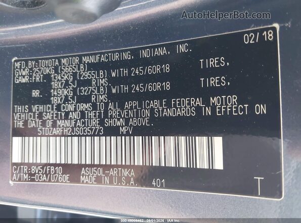5TDZARFH2JS035773 2018 TOYOTA HIGHLANDER Blue Engine compartment view