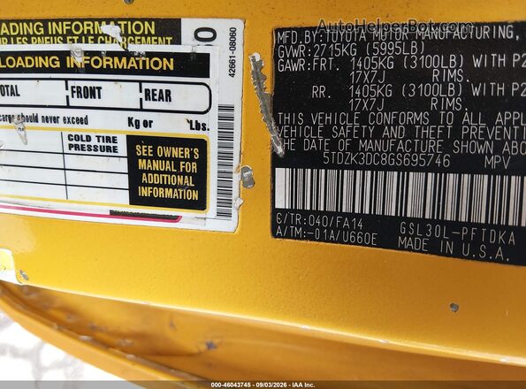 5TDZK3DC8GS695746 2016 TOYOTA SIENNA Yellow Engine compartment view