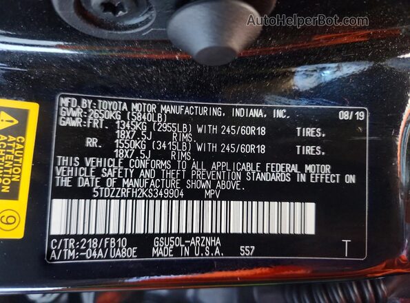 5TDZZRFH2KS349904 2019 TOYOTA HIGHLANDER Black Панорамний вид салону 360°