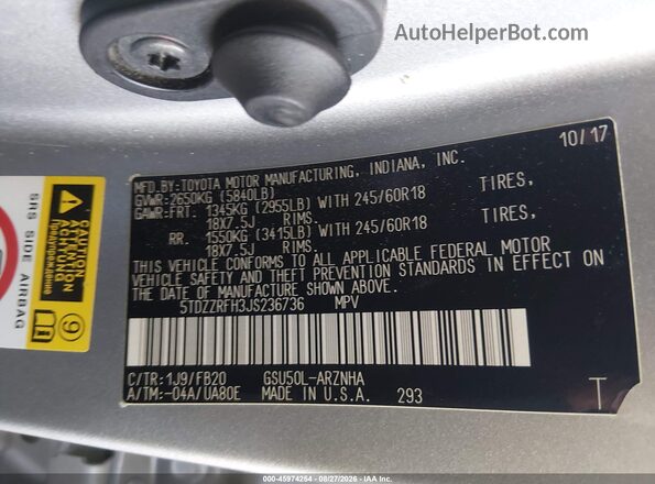 5TDZZRFH3JS236736 2018 TOYOTA HIGHLANDER Серебряный Вид подкапотного пространства