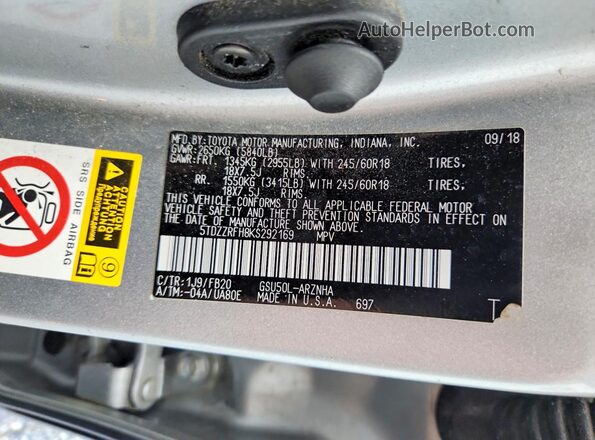 5TDZZRFH8KS292169 2019 TOYOTA HIGHLANDER Silver VIN კოდის სტიკერის ხედი