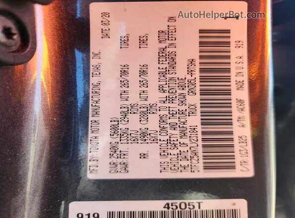 5TFCZ5AN7LX231841 2020 TOYOTA TACOMA Gray VIN კოდის სტიკერის ხედი