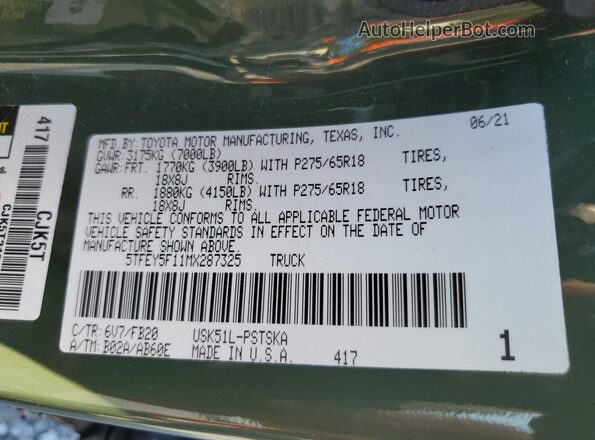 5TFEY5F11MX287325 2021 TOYOTA TUNDRA Зеленый Вид подкапотного пространства