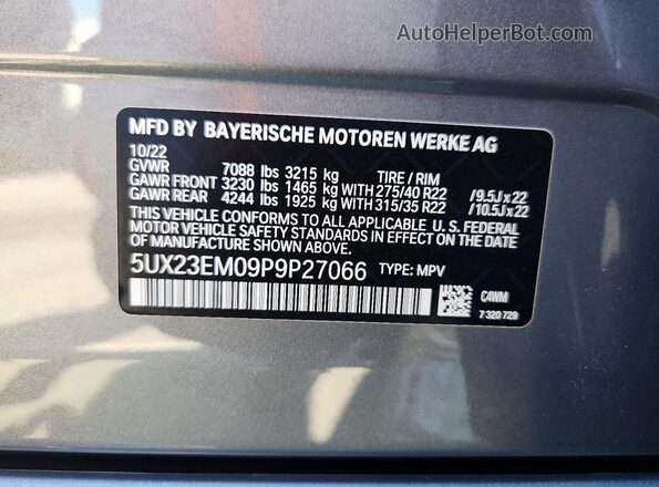 5UX23EM09P9P27066 2023 BMW X7 Gray VIN կոդի պիտակի տեսք