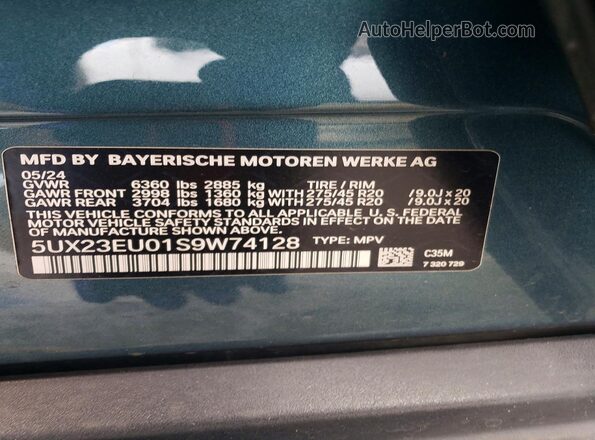 5UX23EU01S9W74128 2025 BMW X5 Blue VIN sticker view