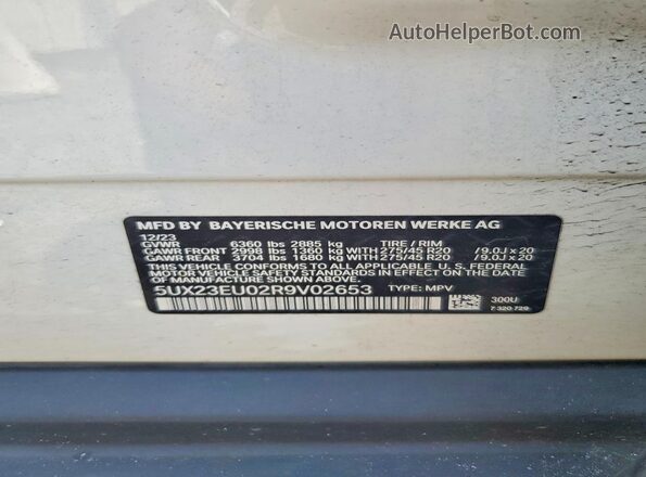 5UX23EU02R9V02653 2024 BMW X5 White VIN sticker view