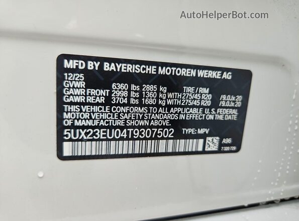 5UX23EU04T9307502 2026 BMW X5 White Vista de la etiqueta del VIN