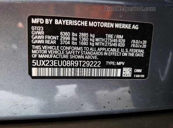 5UX23EU08R9T29222 2024 BMW X5 Gray Вид наклейки з VIN-кодом