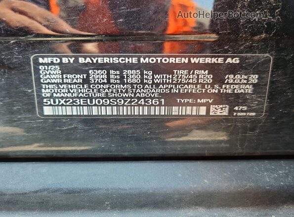 5UX23EU09S9Z24361 2025 BMW X5 Black VIN կոդի պիտակի տեսք