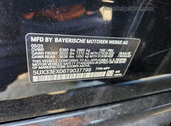 5UX33EX06T9037799 2026 BMW X6 Black VIN კოდის სტიკერის ხედი