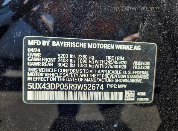 5UX43DP05R9W52674 2024 BMW X3 Black Widok naklejki z numerem VIN
