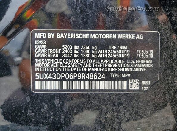5UX43DP06P9R48624 2023 BMW X3 Черный Вид наклейки с VIN-кодом