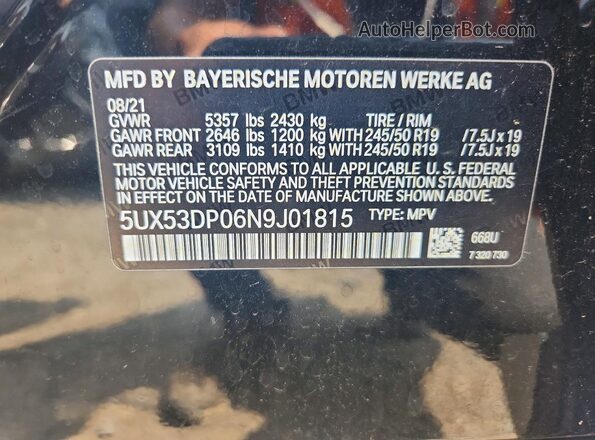 5UX53DP06N9J01815 2022 BMW X3 Black 360 interior view