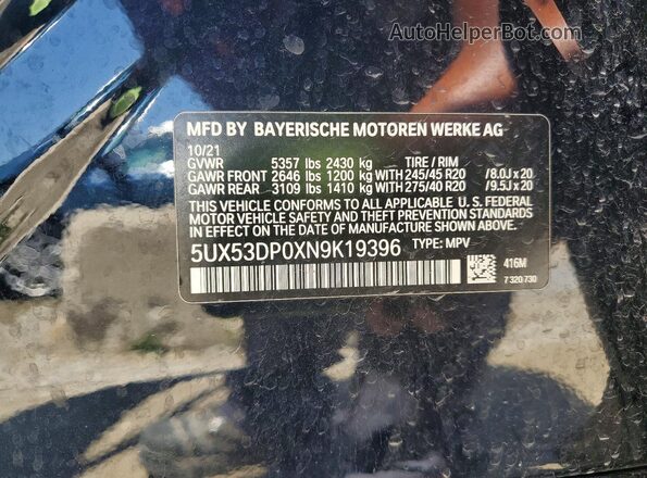5UX53DP0XN9K19396 2022 BMW X3 Black Widok naklejki z numerem VIN