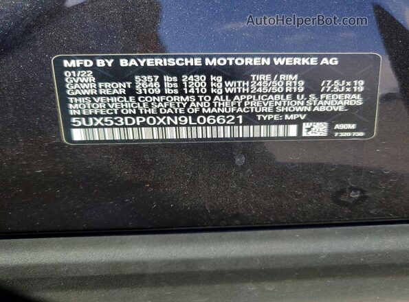 5UX53DP0XN9L06621 2022 BMW X3 Charcoal 360 interior view