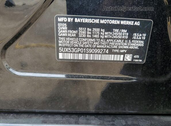 5UX53GP01S9099274 2025 BMW X3 Black Widok naklejki z numerem VIN