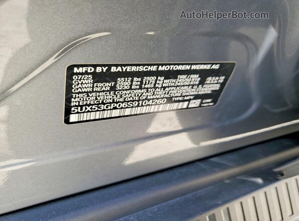5UX53GP06S9104260 2025 BMW X3 Gray Widok naklejki z numerem VIN
