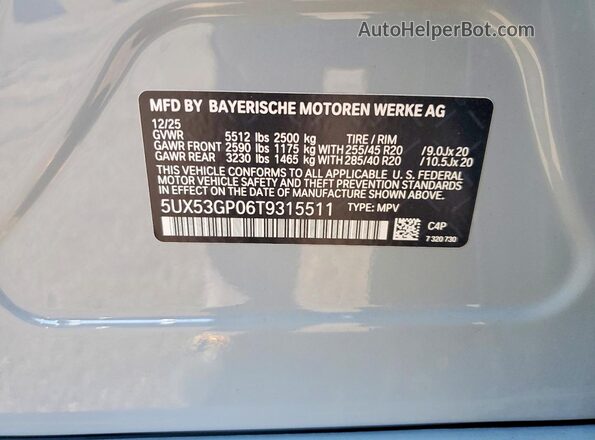 5UX53GP06T9315511 2026 BMW X3 Gray VIN კოდის სტიკერის ხედი