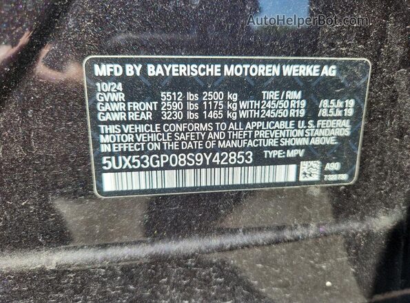 5UX53GP08S9Y42853 2025 BMW X3 Charcoal Widok naklejki z numerem VIN