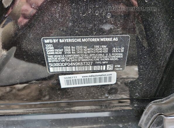 5UX83DP04N9K67327 2022 BMW X3 Black Widok naklejki z numerem VIN