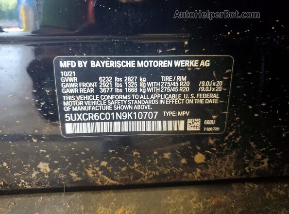 5UXCR6C01N9K10707 2022 BMW X5 Black Widok naklejki z numerem VIN