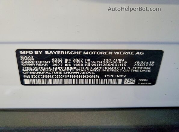 5UXCR6C02P9R68865 2023 BMW X5 Белый Вид наклейки с VIN-кодом