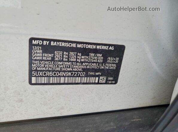 5UXCR6C04N9K72702 2022 BMW X5 White VIN կոդի պիտակի տեսք