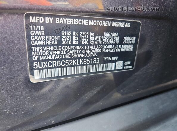 5UXCR6C52KLK85183 2019 BMW X5 Gray Widok naklejki z numerem VIN